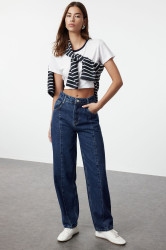 Trendyol Blue Stitching Detailed High Waist Barrel Jeans