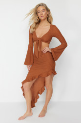 Trendyol Brown Body-Smoothing Woven Ruffle Blouse Beach Skirt Set
