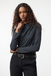 Trendyol Care Collection Anthracite 100% Modal Fabric Boat Neck Drape/Pin Detail Knitted Blouse