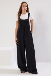 Trendyol černá vesta s lněným vzhledem a širokými nohavicemi tkaný overal