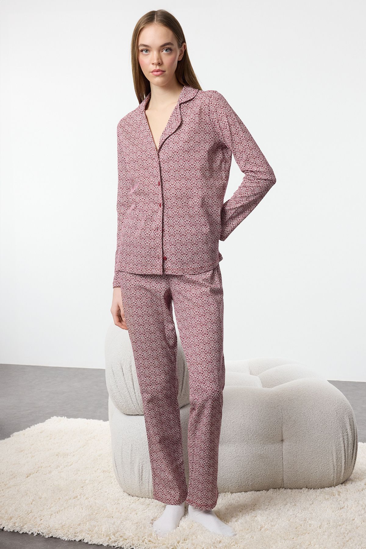 Trendyol Claret Red 100% Cotton Printed Knitted Pajama Set