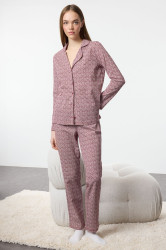 Trendyol Claret Red 100% Cotton Printed Knitted Pajama Set