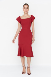 Trendyol Claret Red Tall Flounce Midi tkané šaty