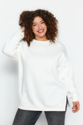 Trendyol Curve Beige Thick Polar Fleece Inside Slit Oversize Knitting Plus Size Sweatshirt