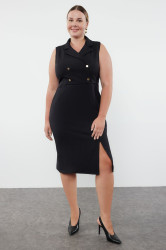 Trendyol Curve Black Button Detailed Slit Fitted Midi Woven Dress