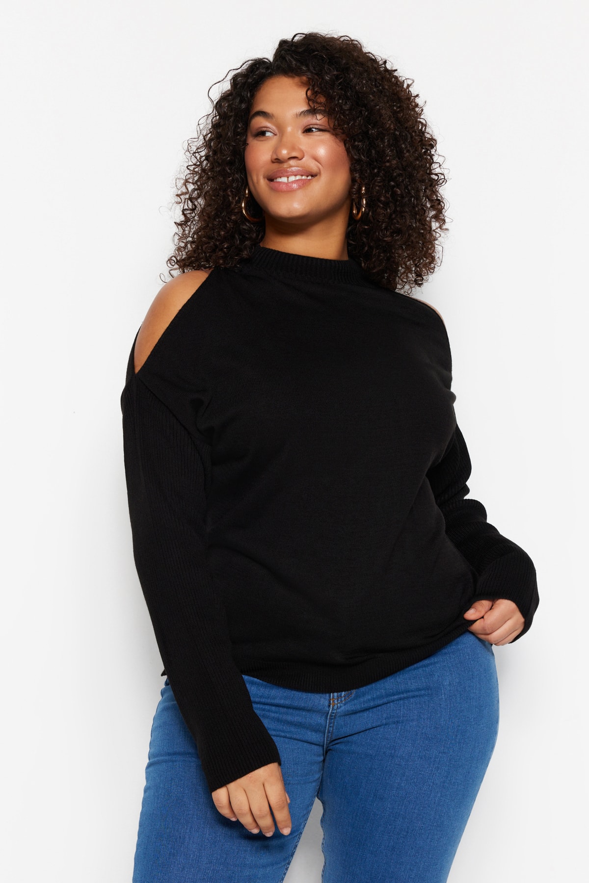 Trendyol Curve Black Cut Out Detailní pletený svetr