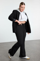 Trendyol Curve Black High Waist Bow Detailed Ribbed KnittedEmbroidered Plus Size Leggings