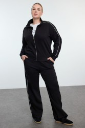 Trendyol Curve Black Stand Collar Oversize Grosgrain Detailed Polar Fleece Knitted Plus Size Tracksuit
