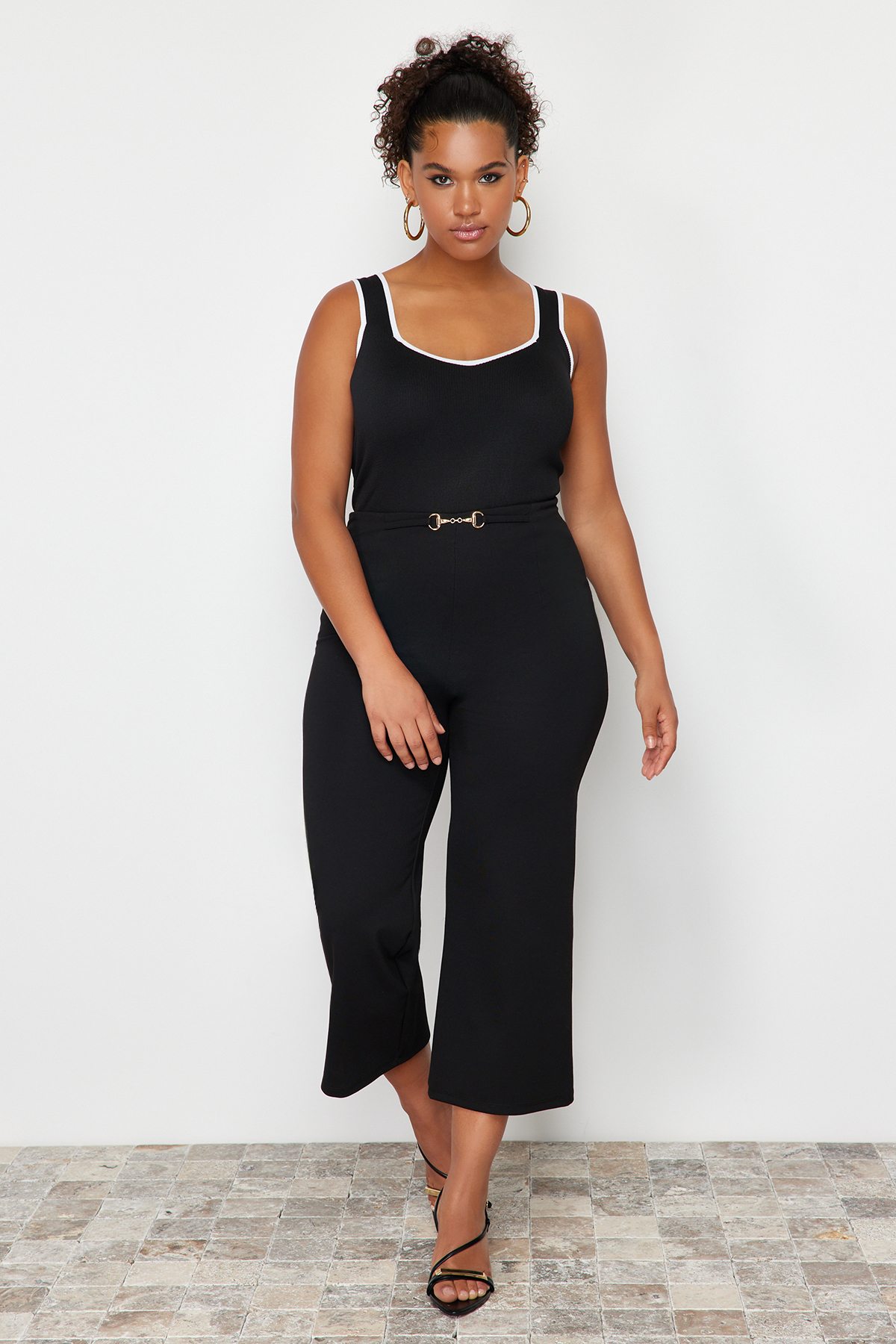 Trendyol Curve Black Stripe Detailed Square Neck Bodycon Knit Blouse