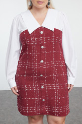 Trendyol Curve Burgundy Tweed Woven Plus Size Dress