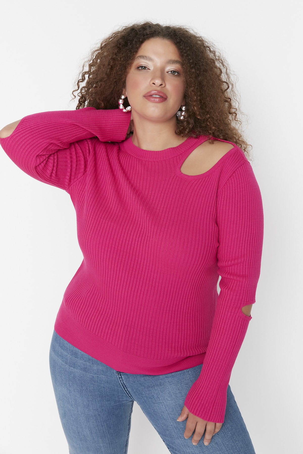 Trendyol Curve Fuchsia Vystřihnout Detailní Crewneck Tenký Pletený Svetr