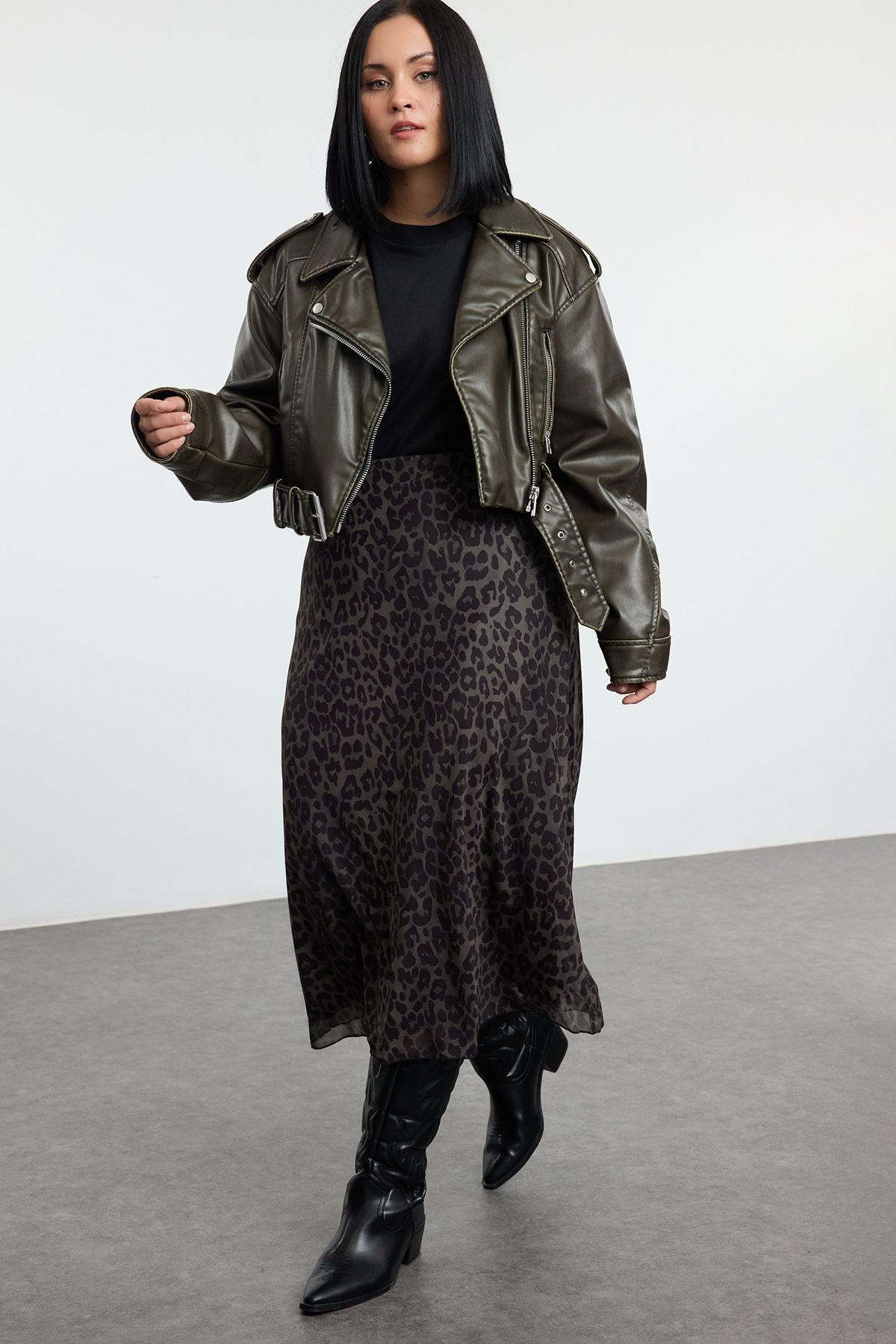 Trendyol Curve Khaki A-Line Leopard Patterned Tulle Knit Plus Size Skirt