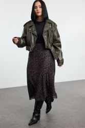 Trendyol Curve Khaki A-Line Leopard Patterned Tulle Knit Plus Size Skirt