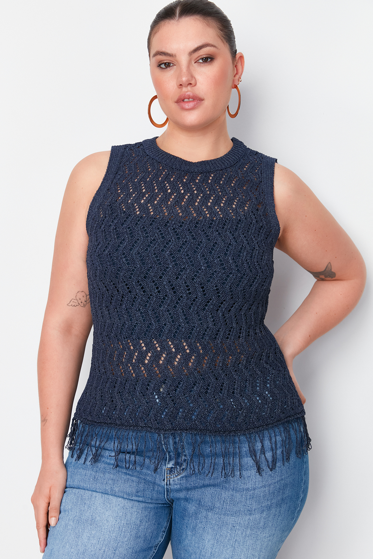 Trendyol Curve Navy Blue Openwork/Perforated Tasseled Knitwear Blouse