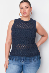 Trendyol Curve Navy Blue Openwork/Perforated Tasseled Knitwear Blouse