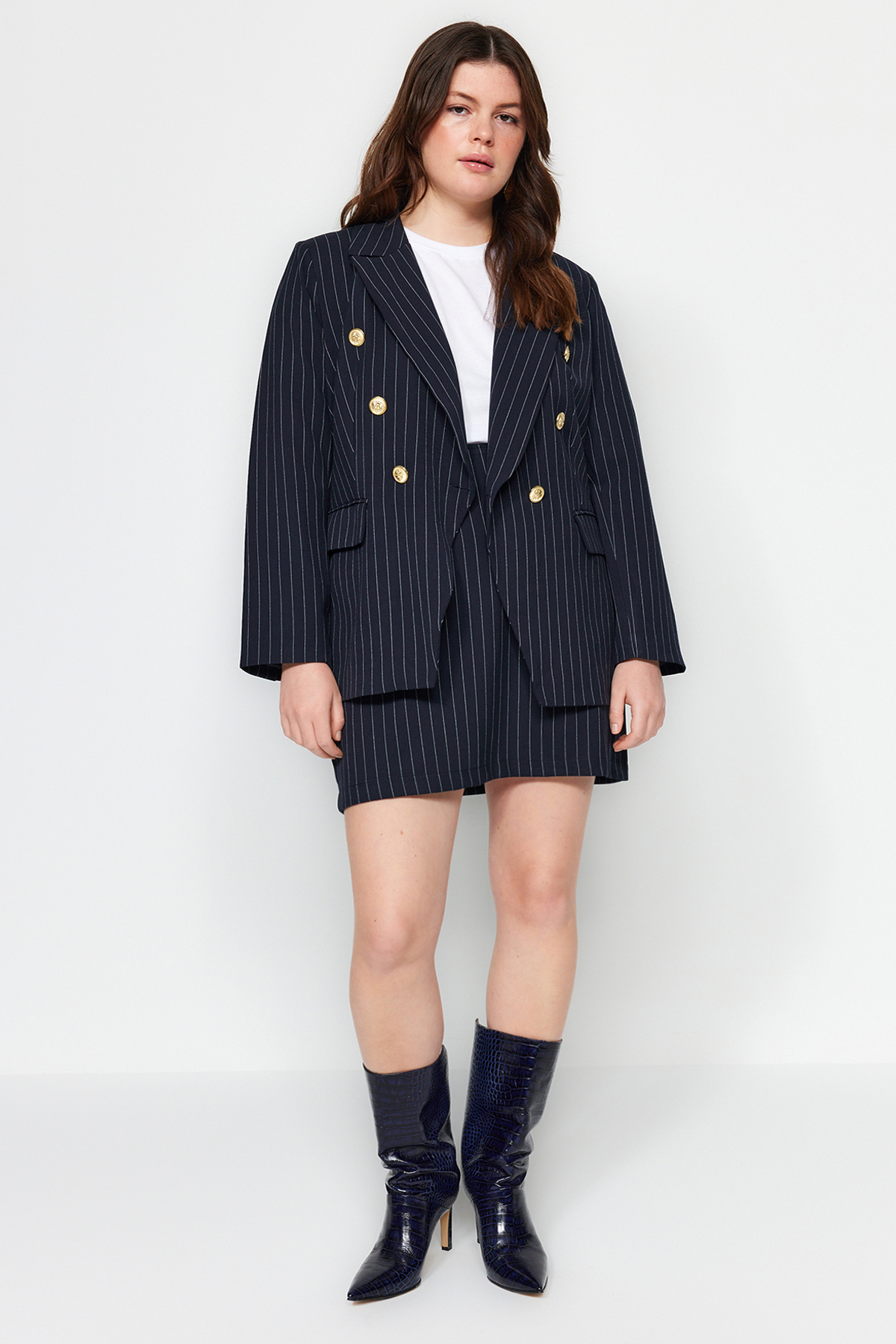 Trendyol Curve Navy Blue Striped Gold Buttoned Woven Jacket