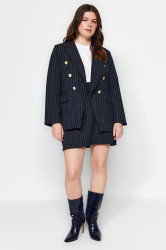 Trendyol Curve Navy Blue Striped Gold Buttoned Woven Jacket