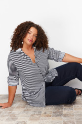 Trendyol Curve Navy Blue-White Striped Shirt