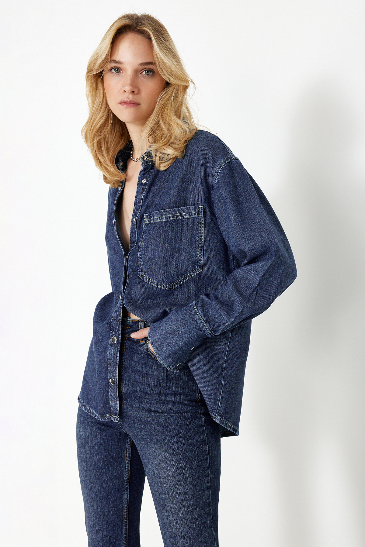 Trendyol Dark Blue More Sustainable 100% Tencel™ Oversize Denim Shirt