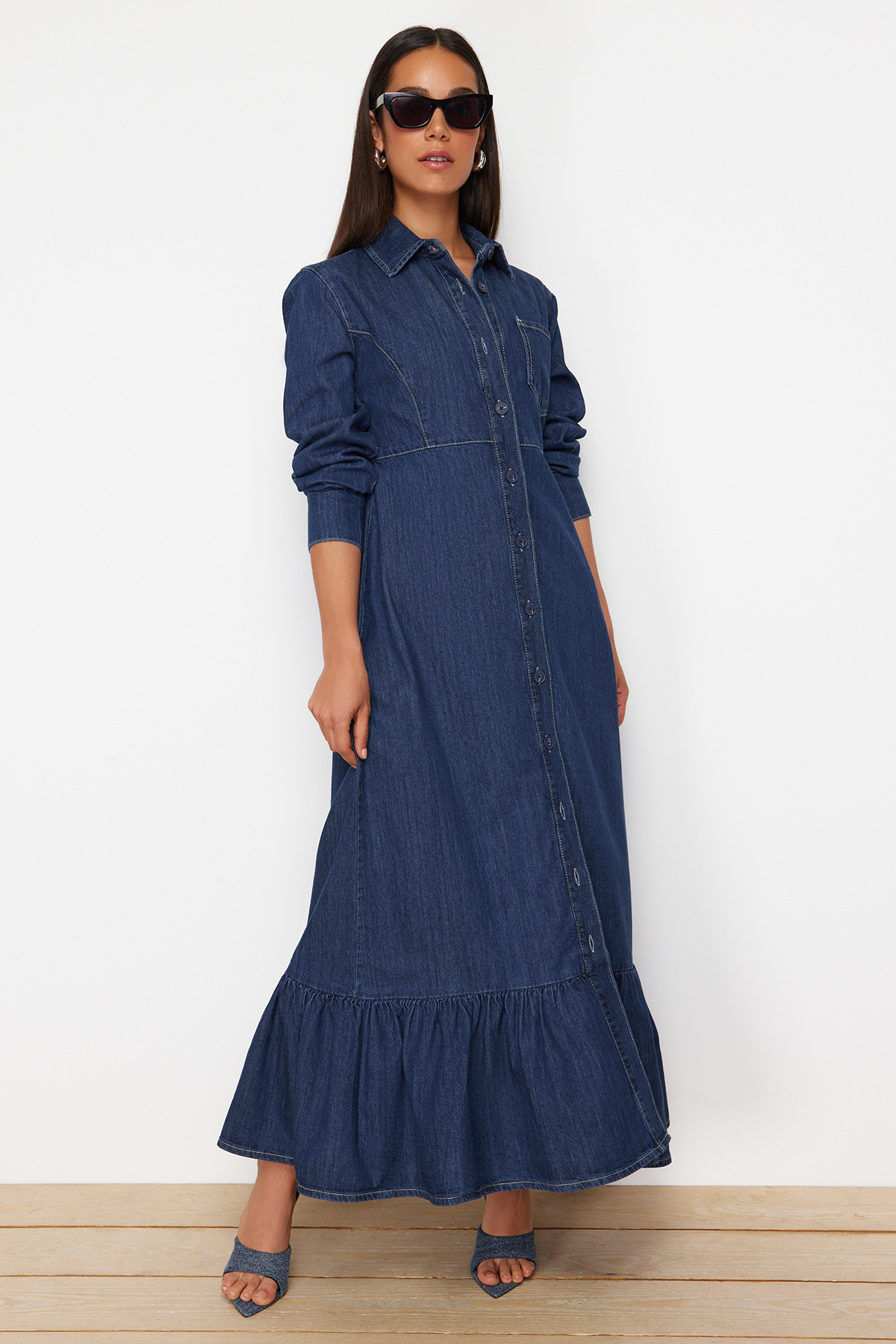 Trendyol Dark Blue Ruffle Hem Maxi Modest Denim Shirt Dress