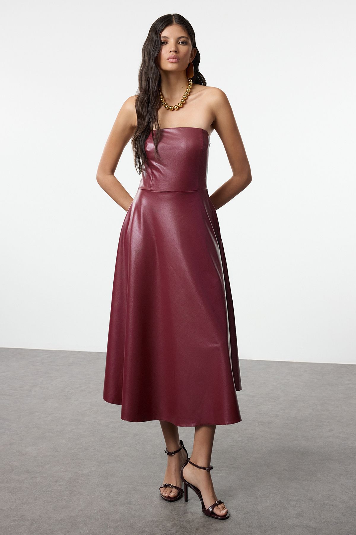 Trendyol Dark Cherry A-Line Faux Leather Strapless Knitted Chic Evening Dress