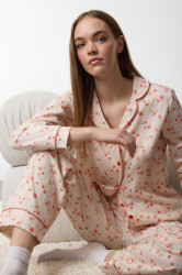 Trendyol Ecru 100% Cotton Floral Knitted Pajama Set