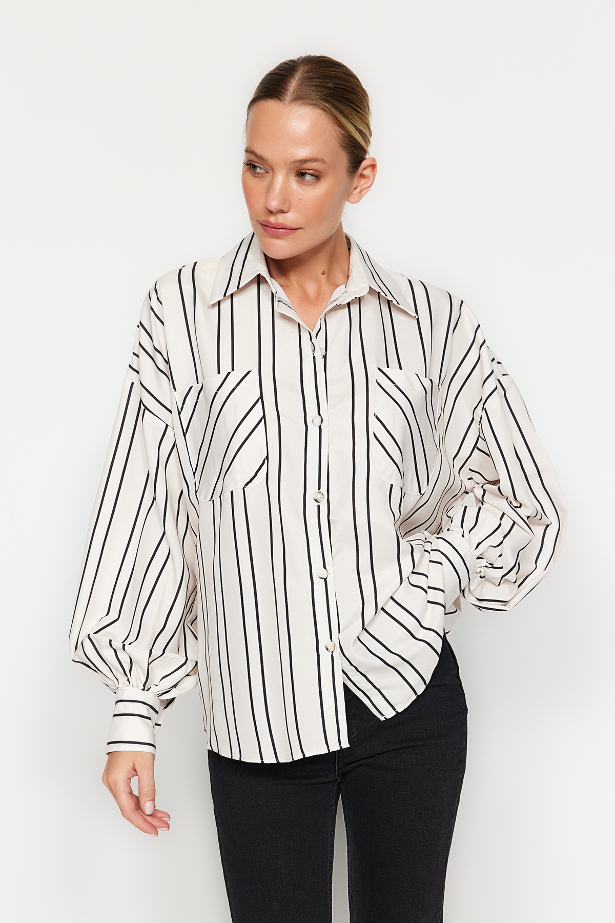 Trendyol Ecru Striped Oversize Wide Fit Satin Woven Shirt