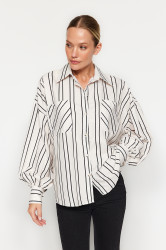 Trendyol Ecru Striped Oversize Wide Fit Satin Woven Shirt