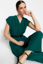Trendyol Emerald Green Belted Double Breasted Collar Wide Leg Woven Jumpsuit