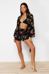 Trendyol Floral Patterned Belted Weaving 100% Cotton Kimono Shorts Beach Set