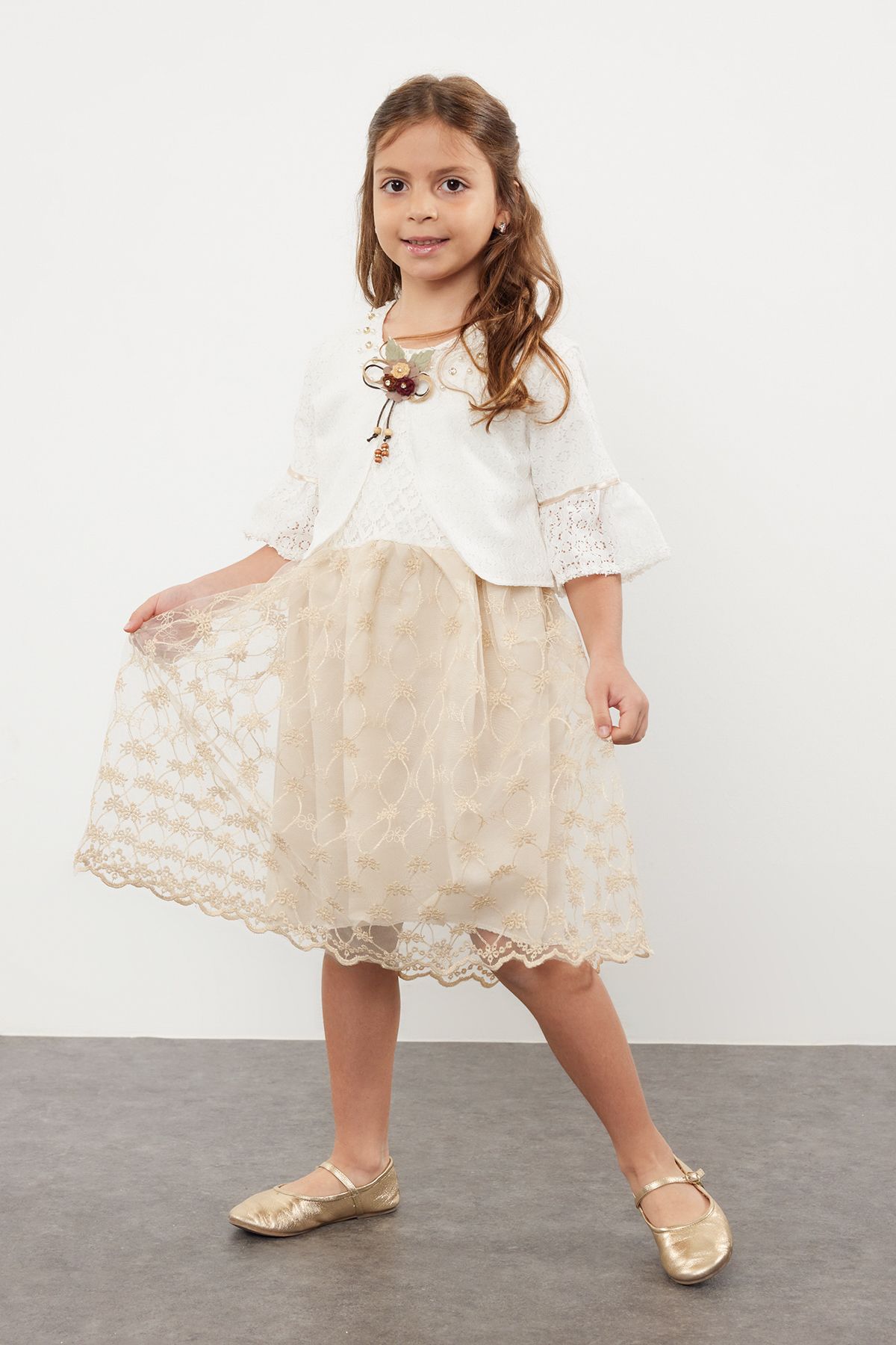Trendyol Girl's Stone Bolero Flower Appliqued Stone Detailed Woven Set Dress