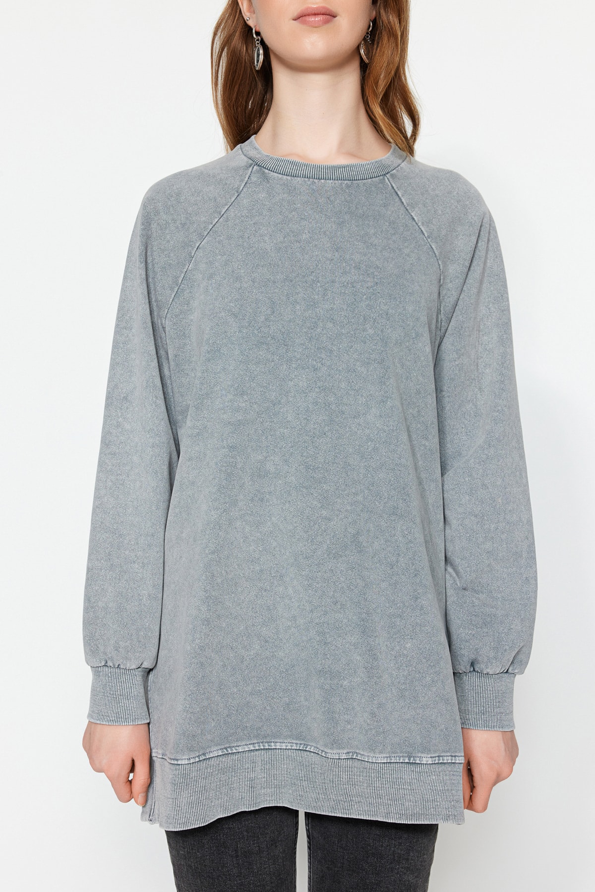 Trendyol Gray Washed Side Slit Detail Oversize Knitted Sweatshirt