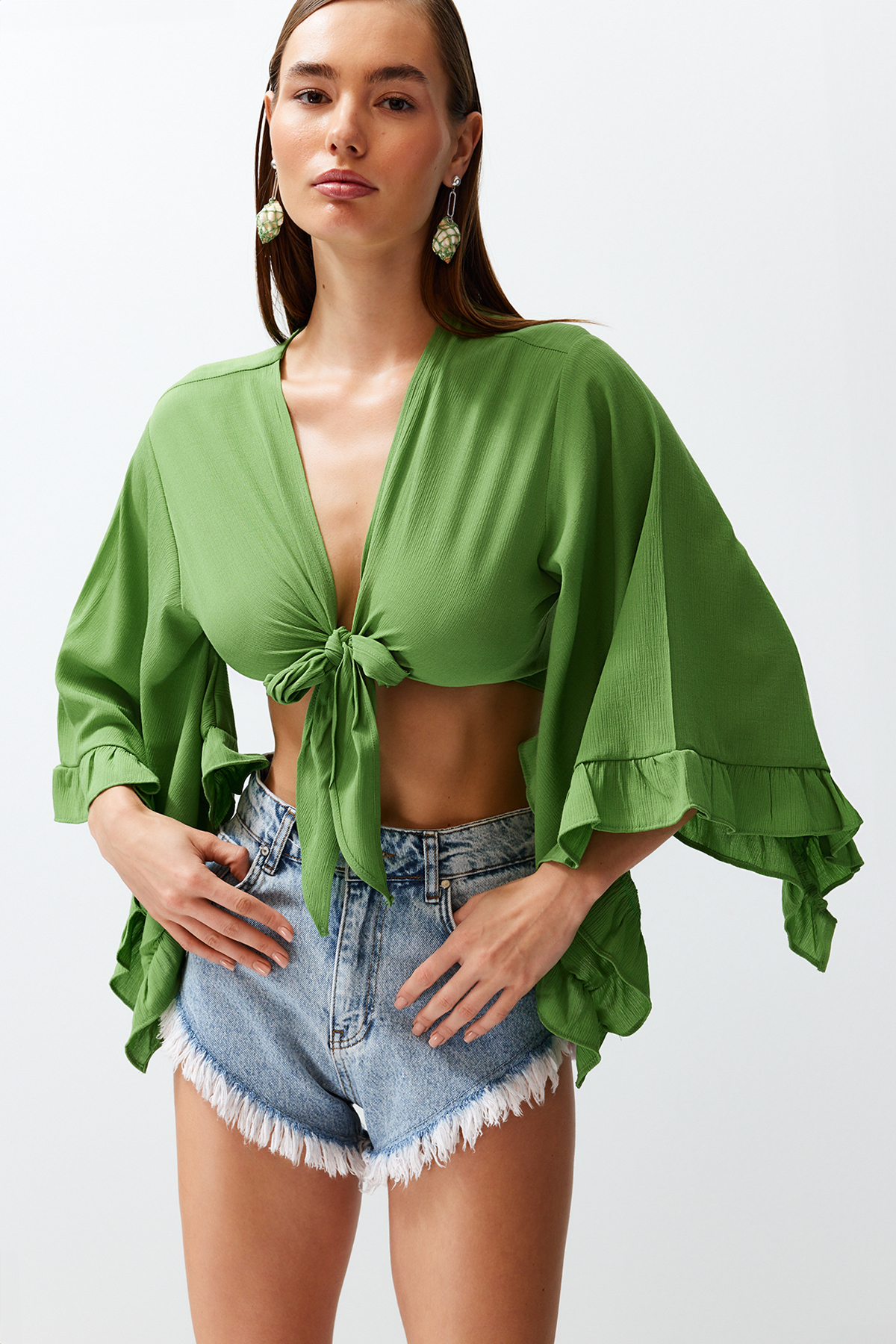 Trendyol Green Crop Woven Tied Beach Blouse