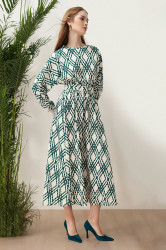 Trendyol Green Patterned Belt Detailed Crinkle Woven Dress