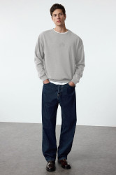 Trendyol Grey Melange Oversize/Wide Cut Embossed Text Printed Inside Polar Fleece Sweatshirt