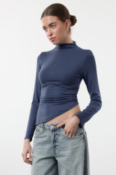 Trendyol Indigo Fitted Gather/Drape Detail Stand Collar Knitted Blouse