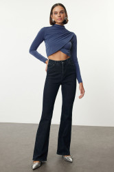 Trendyol Indigo High Collar Draped Crop Blouse