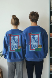 Trendyol Indigo Oversize/Wide Cut Distressed/Faded Effect Back Printed Cotton Sweatshirt