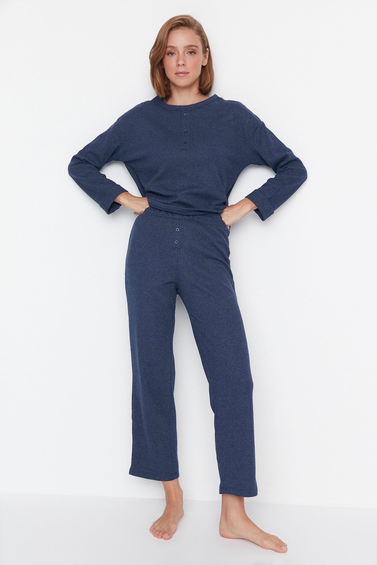 Trendyol Indigo Waffle Detailed Knitted Pajama Set