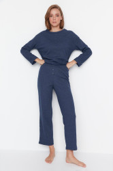 Trendyol Indigo Waffle Detailed Knitted Pajama Set