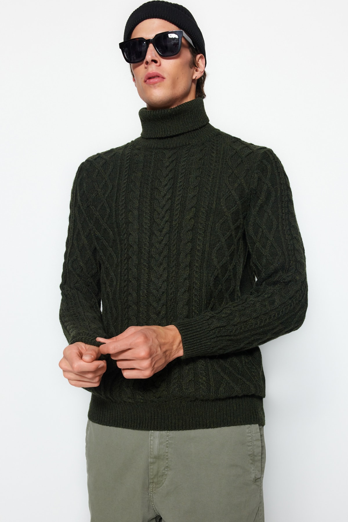 Trendyol Khaki Pánský Slim Fit Rolák Pletený Svetr