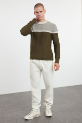 Trendyol Khaki Slim Fit Crew Neck Color Block Knitwear Sweater