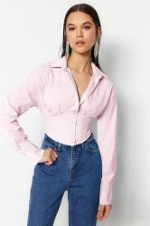 Trendyol Light Pink Crop Corset Detailed Poplin Woven Shirt