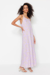 Trendyol Lilac Straight Cut Maxi tkané viskózové šaty se vzorem na ramínko