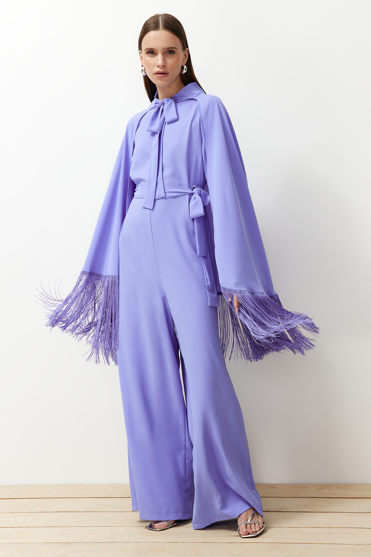 Trendyol Lilac Tassel Cape-Jumpsuit Evening Dress Set