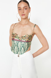 Trendyol Limited Edition Yellow Satin Patterned Crop Strappy Woven Blouse