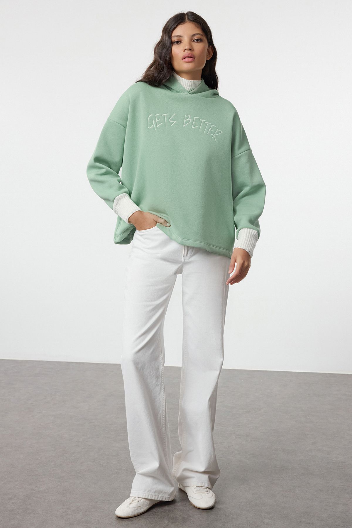 Trendyol Mint Thick Fleece Knitwear Hooded Knitted Sweatshirt with Tape Detail