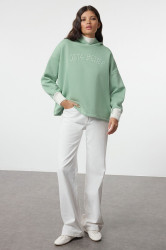 Trendyol Mint Thick Fleece Knitwear Hooded Knitted Sweatshirt with Tape Detail