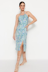 Trendyol modré midi tkané šaty s výstřihem kolem krku
