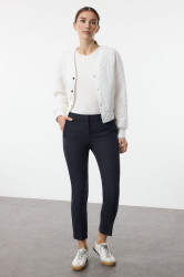 Trendyol Navy Blue Iron-Traced Skinny Pattern Elastic Waist Detailed Woven Trousers